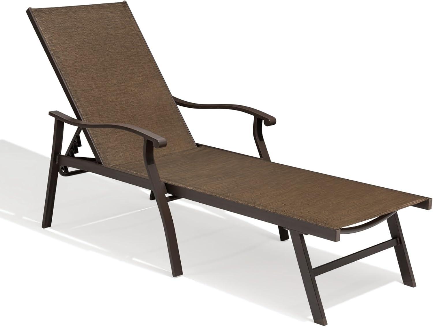 Outdoor Aluminum Adjustable Chaise Lounge Chair with Arms - Brown - Crestlive Products