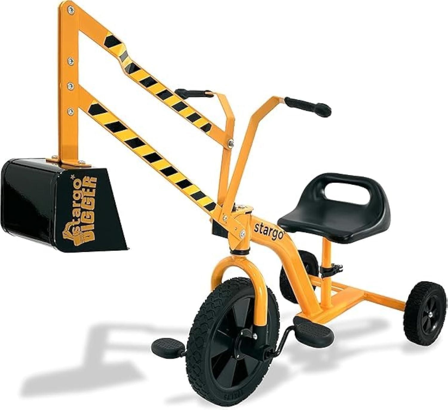 Yellow Pedal-Powered Excavator Tricycle with Rubber Wheels