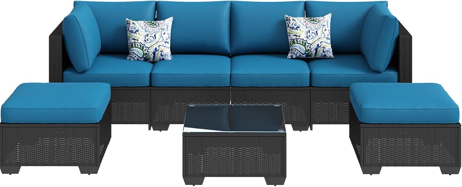 Black Steel Frame 7-Piece Outdoor Sectional Sofa Set with Blue Cushions