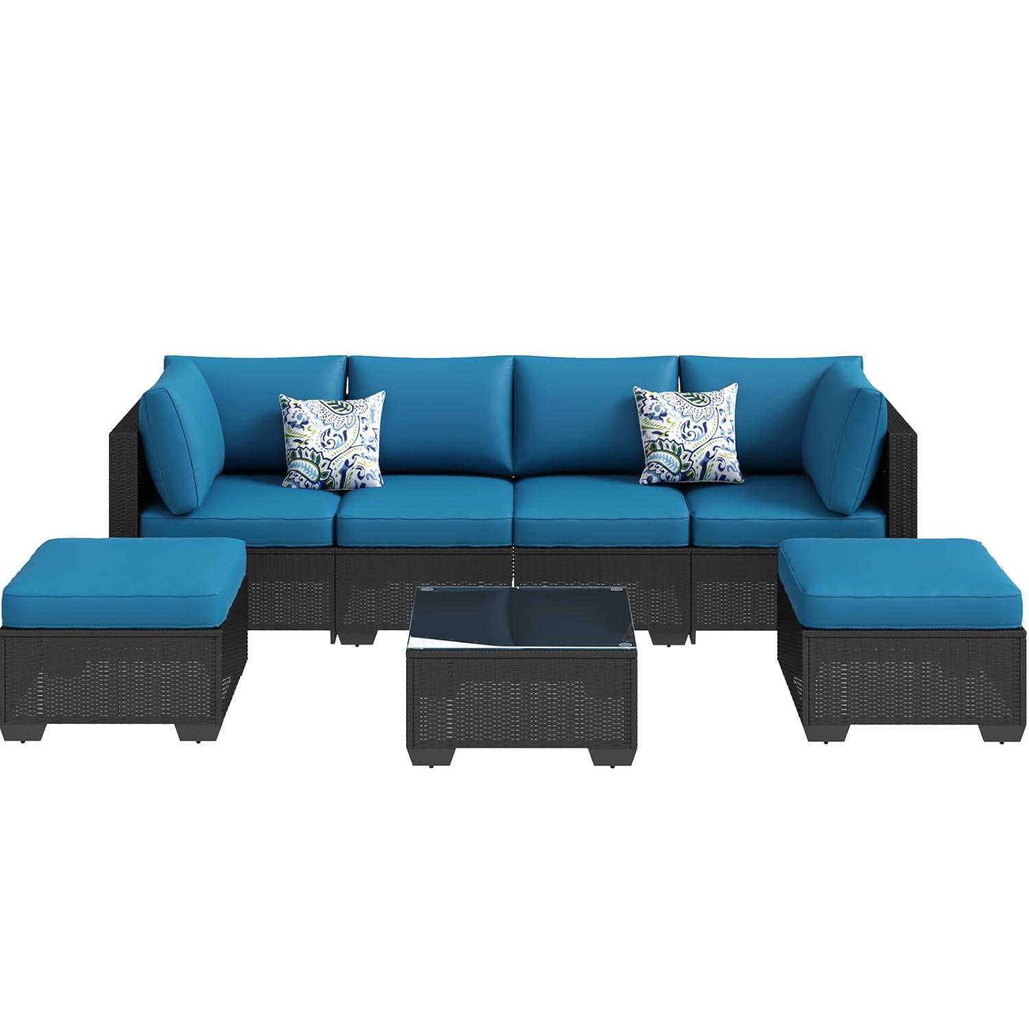 Black Steel Frame 7-Piece Outdoor Sectional Sofa Set with Blue Cushions
