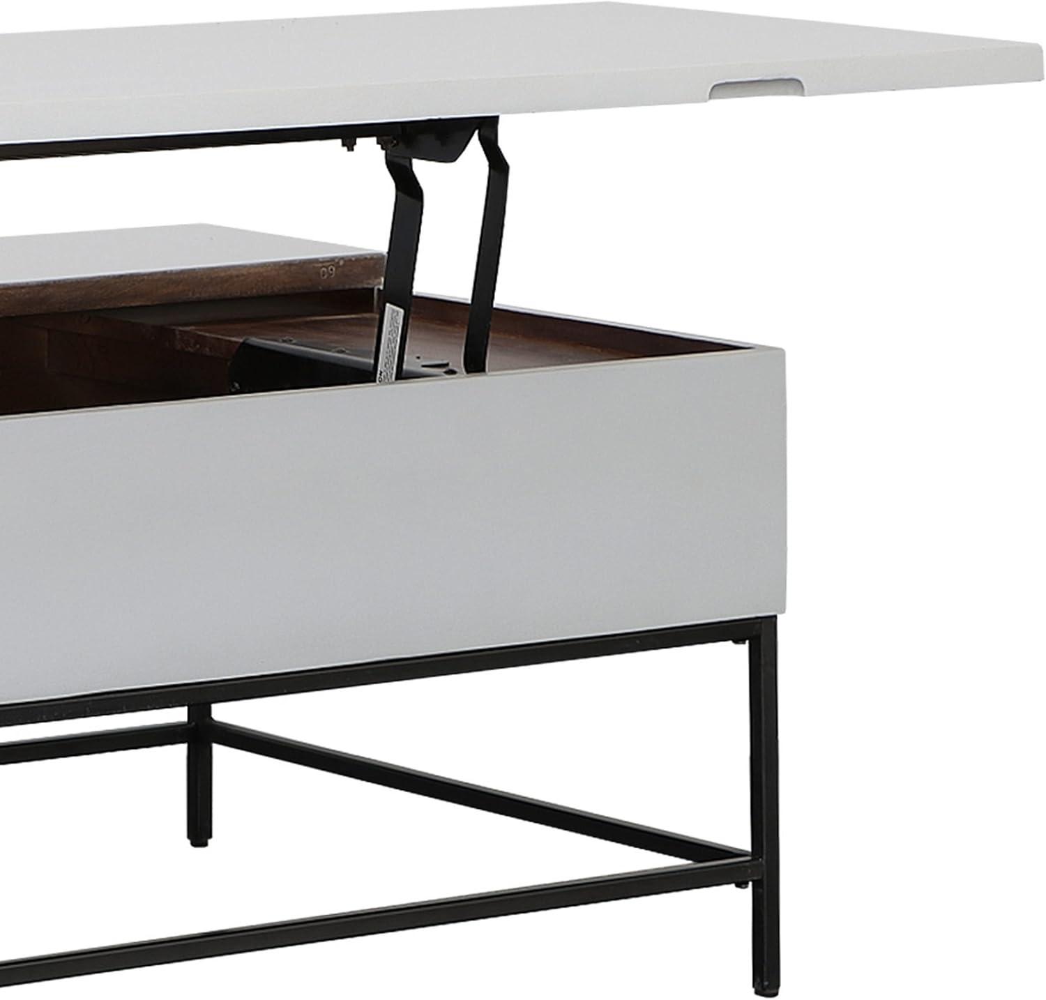 45 Inch Rectangular Mango Wood Coffee Table, Lift Top Storage, Iron Frame, White, Black 71911