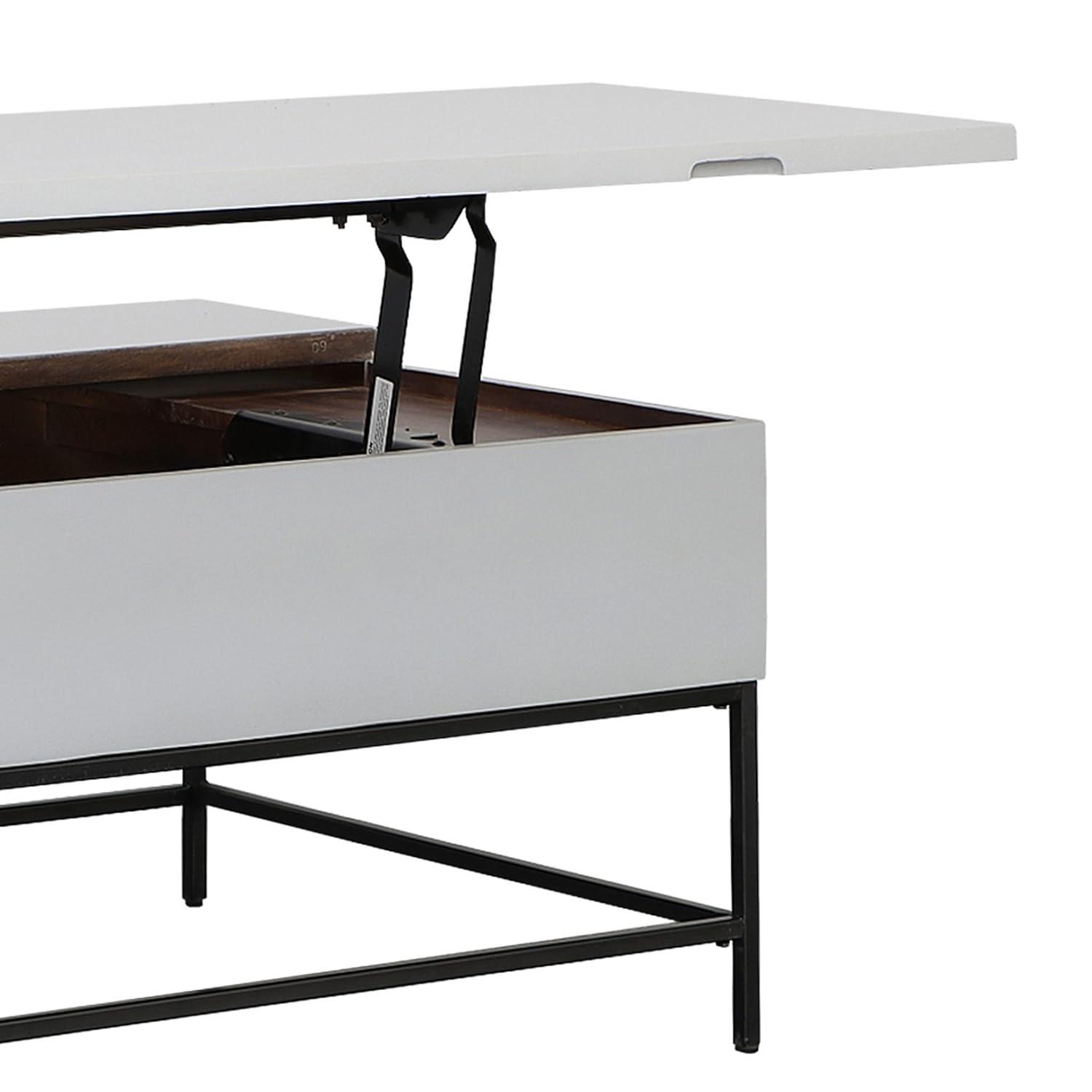 45 Inch Rectangular Mango Wood Coffee Table, Lift Top Storage, Iron Frame, White, Black 71911