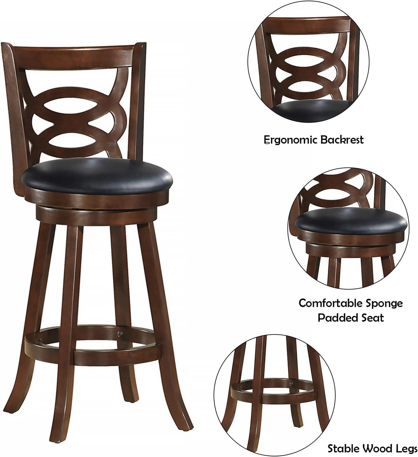 XIAOTAO 360° Swivel Barstools Set of 2, 29" Bar Height Bar Chairs with Back & Footrest, Upholstered Bar Stools with Rubber Wood Frame, Suitable for Home Bar, Kitchen Counter, Espresso