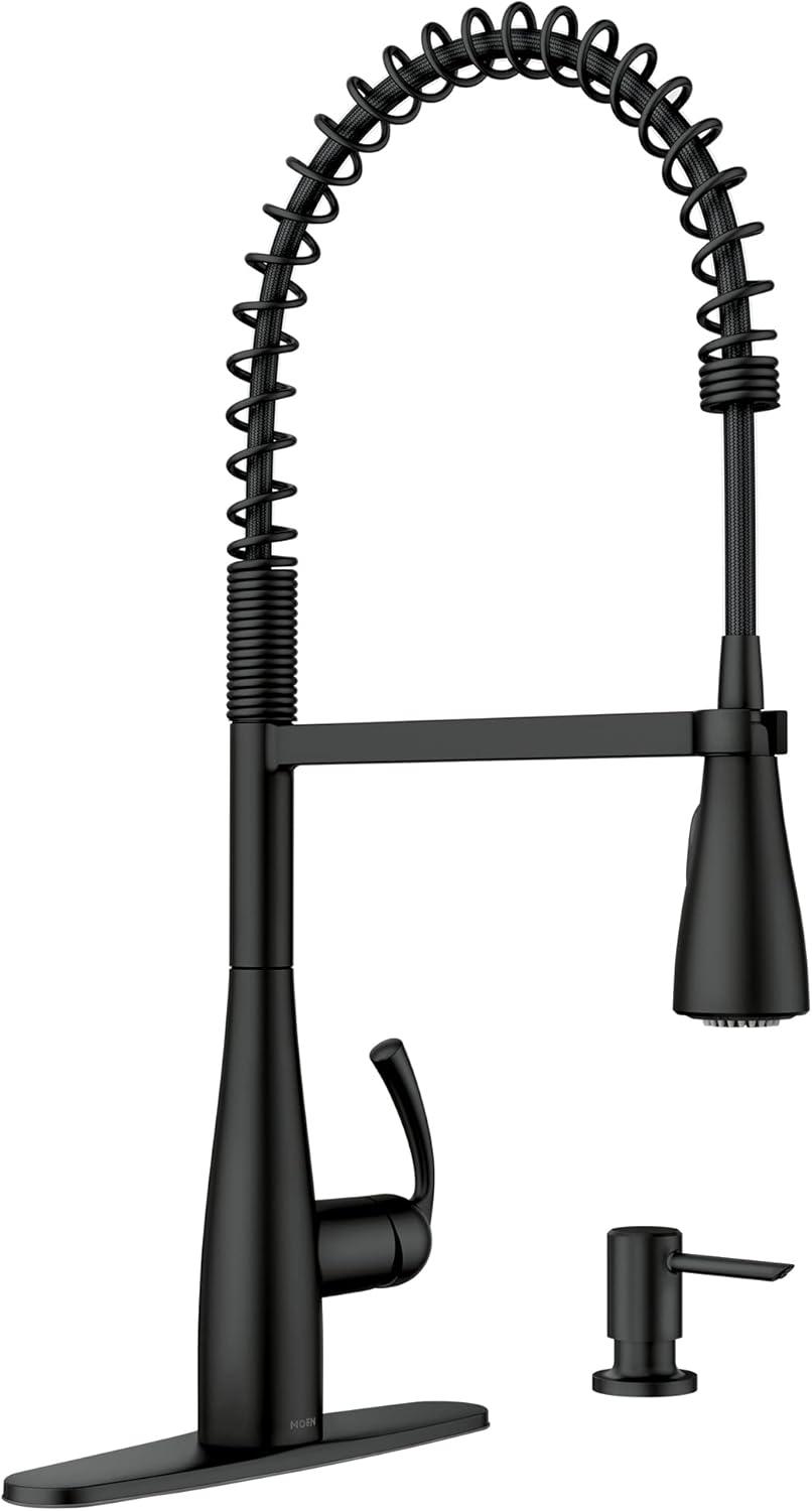 Moen Essie Pre-Rinse Spring Pull Down Single Handle Kitchen Faucet with Power Clean Technology and Soap Dispenser