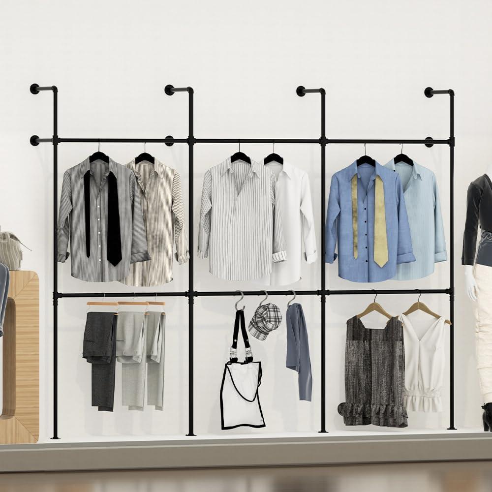 Industrial Pipe Clothes Rack Wall Mounted Clothing Rack,Heavy Duty Iron Pipe Garment Rods,Detachable Multi-Purpose Clothing Hanging Rod/Garment Bar, Black