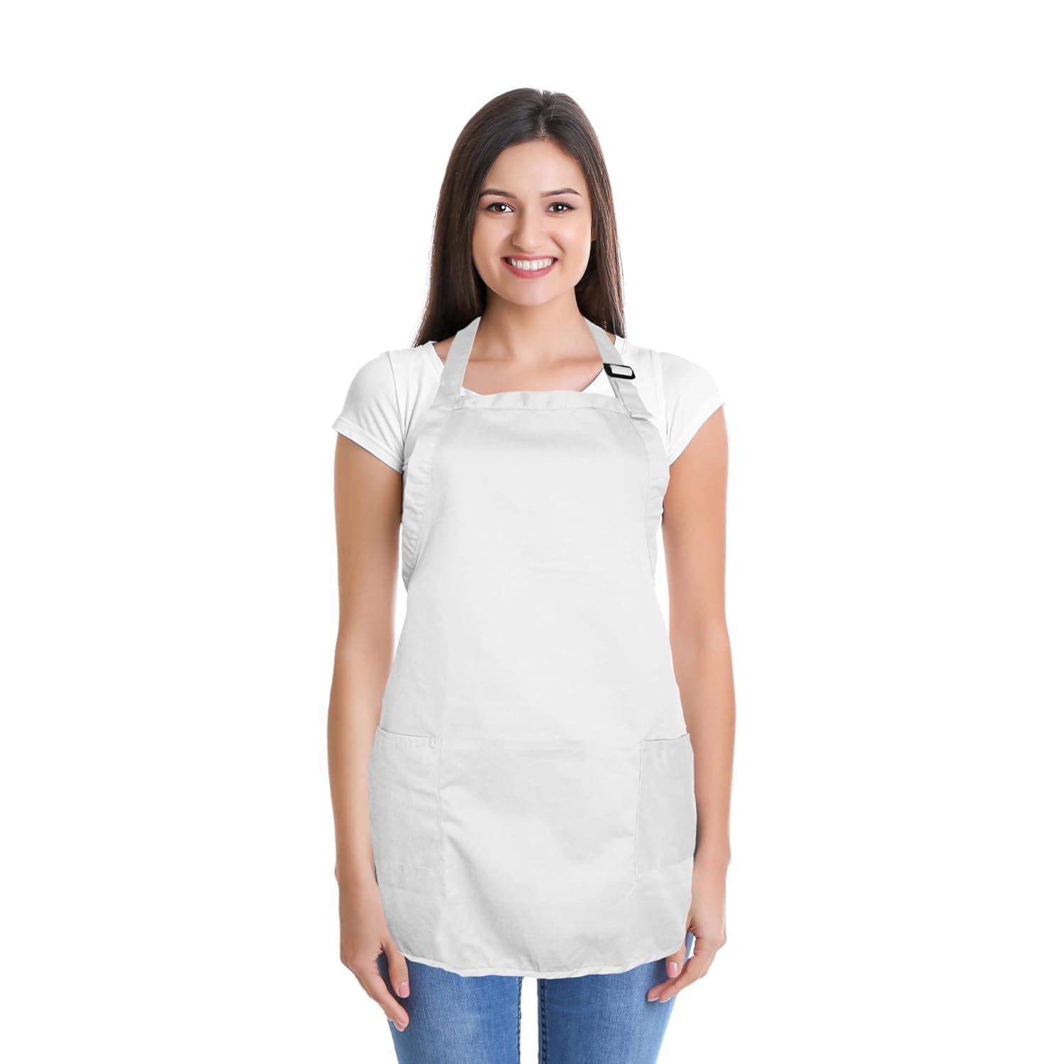 Dalix Waist Aprons Commercial Restaurant Home Bib Spun Poly Cotton Kitchen (3 Pockets) in White