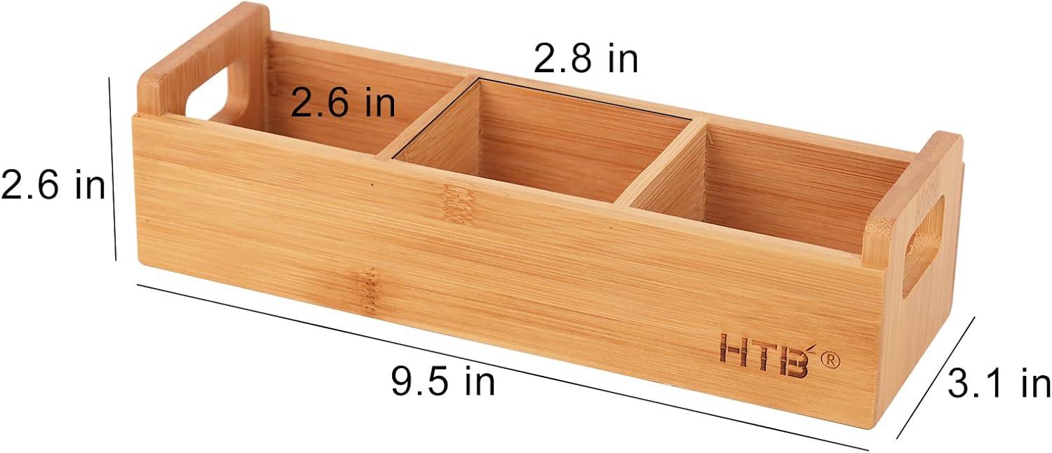 HTB Small Tea Bag Holder Pack of 2, Bamboo Tea Organizer 3 Compartments for Beverage Suppliers, Sweeteners, Individual Packets, Portable Tea Bag Organizer for Home Kitchen Counter or Office