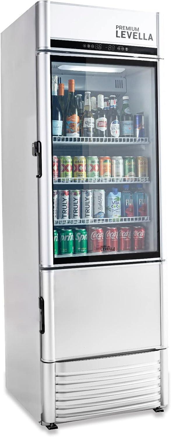 Premium Levella PRFIM1256DX Single Glass Door Merchandiser Refrigerator-Freezer with Automatic Ice Maker Display Beverage Cooler-12.5 cu ft-Silver