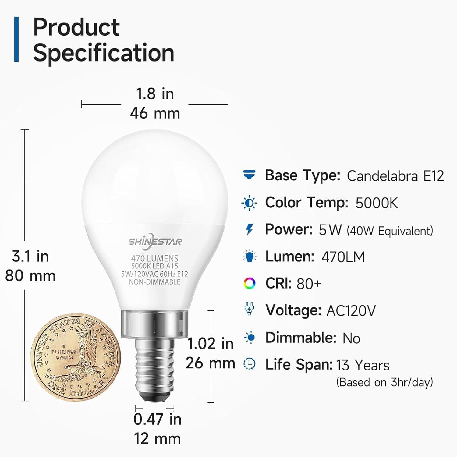 12 Pack A15 Ceiling Fan Light Bulbs 40W 5000K Daylight LED E12 Candelabra Small Base Light Bulbs, Non-Dimmable