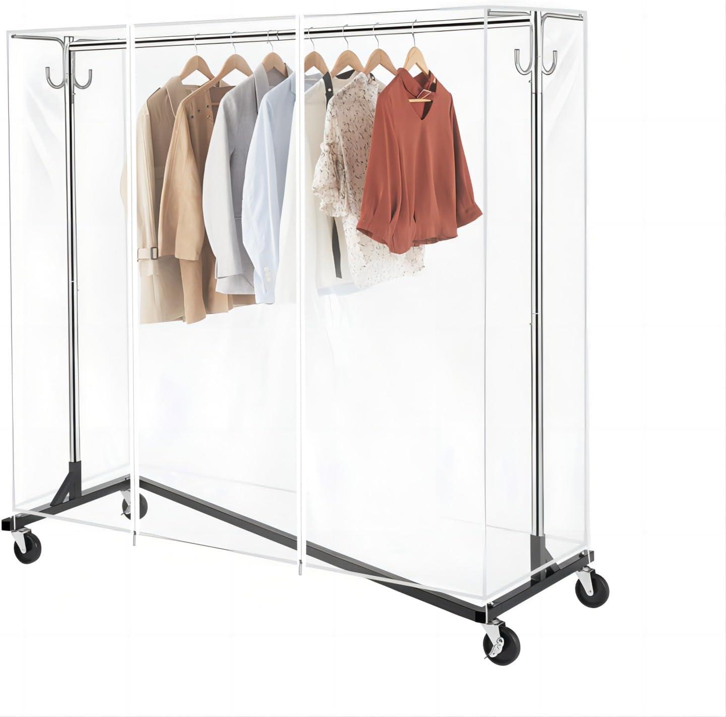 Black Iron Industrial Garment Rack with Cover and Wheels