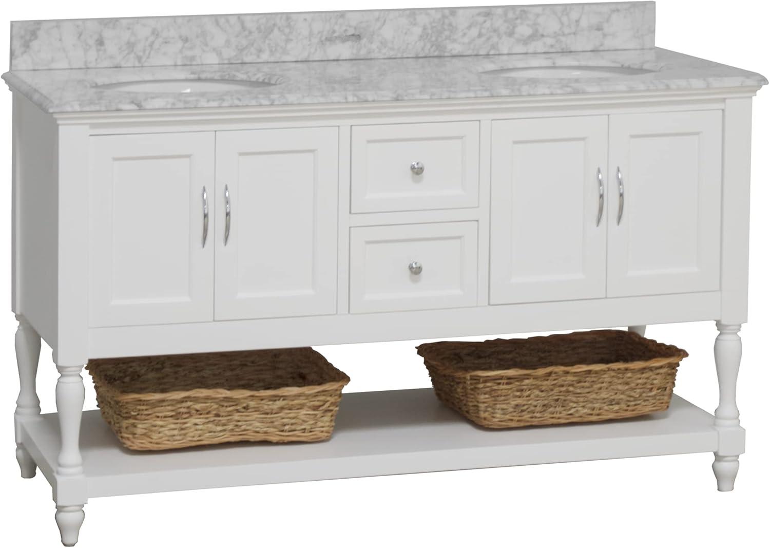 Kitchen Bath Collection Beverly 60-inch Double Bathroom Vanity (White/Carrara): Includes White Cabinet with Authentic Italian Carrara Marble Countertop and White Ceramic Sinks