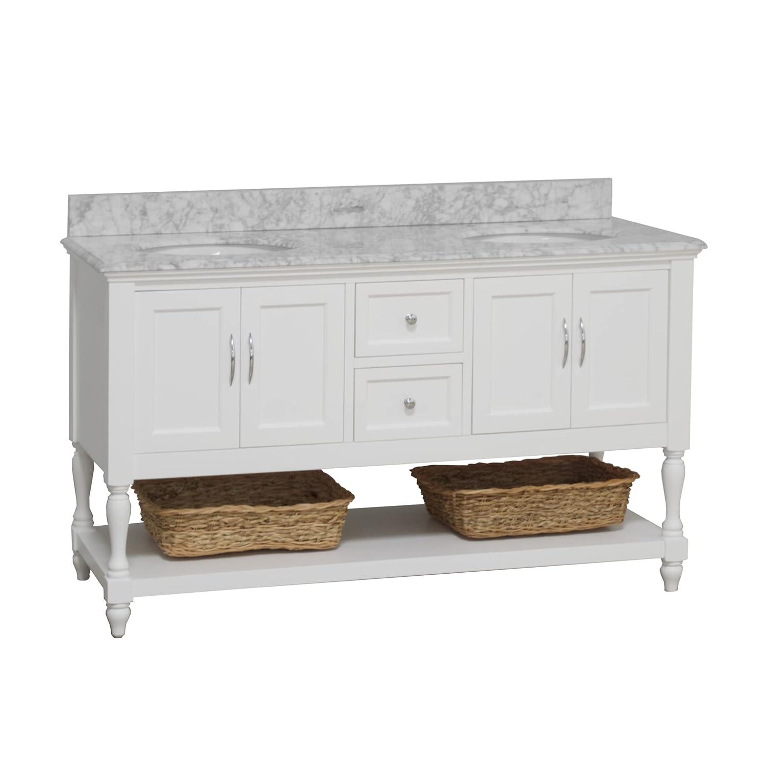 Kitchen Bath Collection Beverly 60-inch Double Bathroom Vanity (White/Carrara): Includes White Cabinet with Authentic Italian Carrara Marble Countertop and White Ceramic Sinks