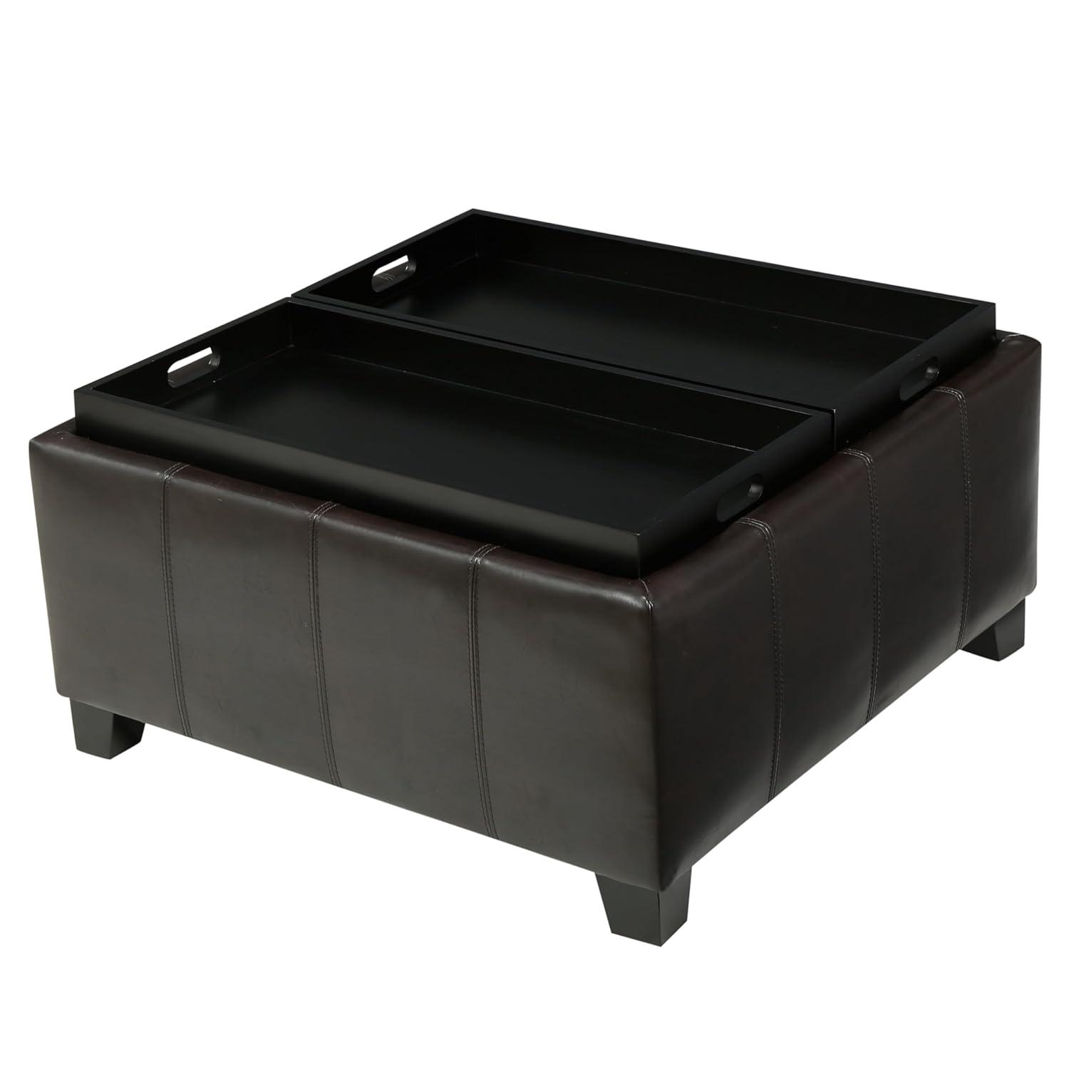 Mansfield Faux Leather Tray Top Storage Ottoman - Brown - Christopher Knight Home: Square Upholstered Bench with Wood Frame
