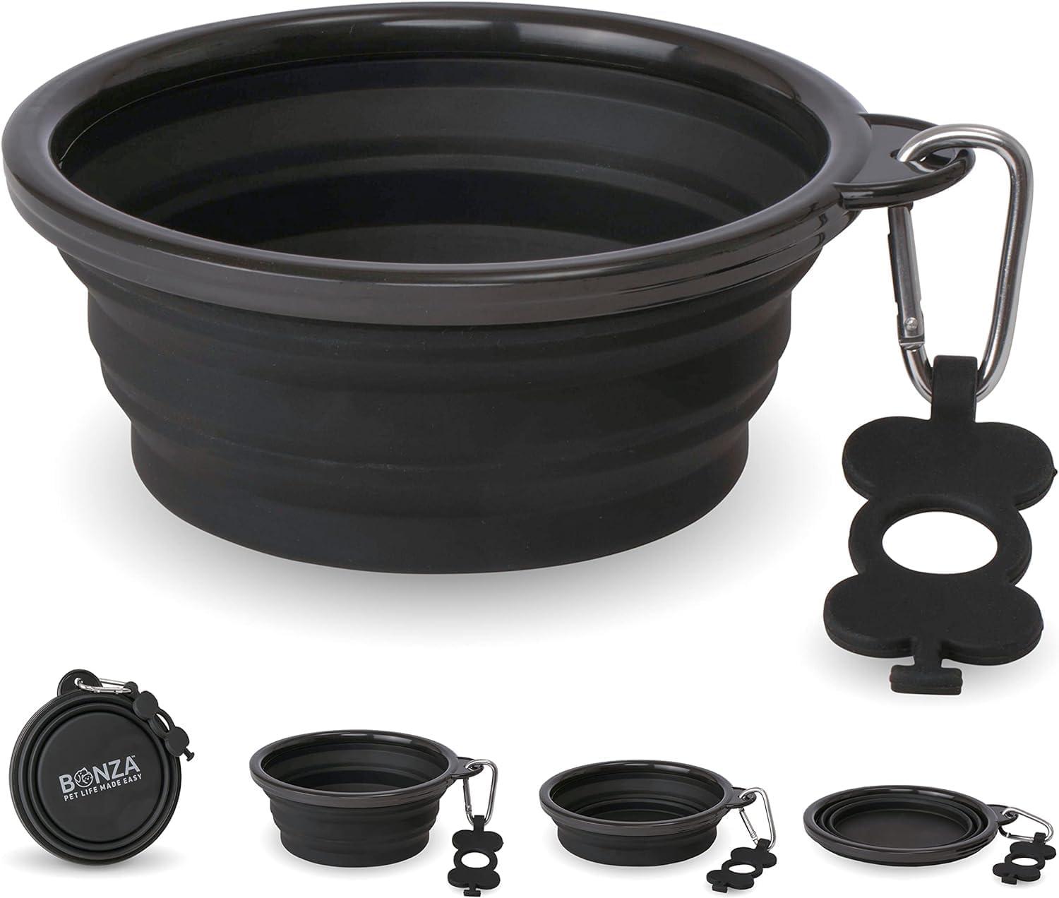 Bonza by Leash Boss Small Collapsible Dog Bowl, Sturdy Reinforced Rim, Includes Carabiner & Water Bottle Holder Keychain, Black