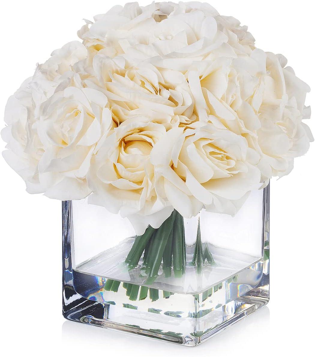 Cream Beige Silk Rose Arrangement in Clear Glass Vase