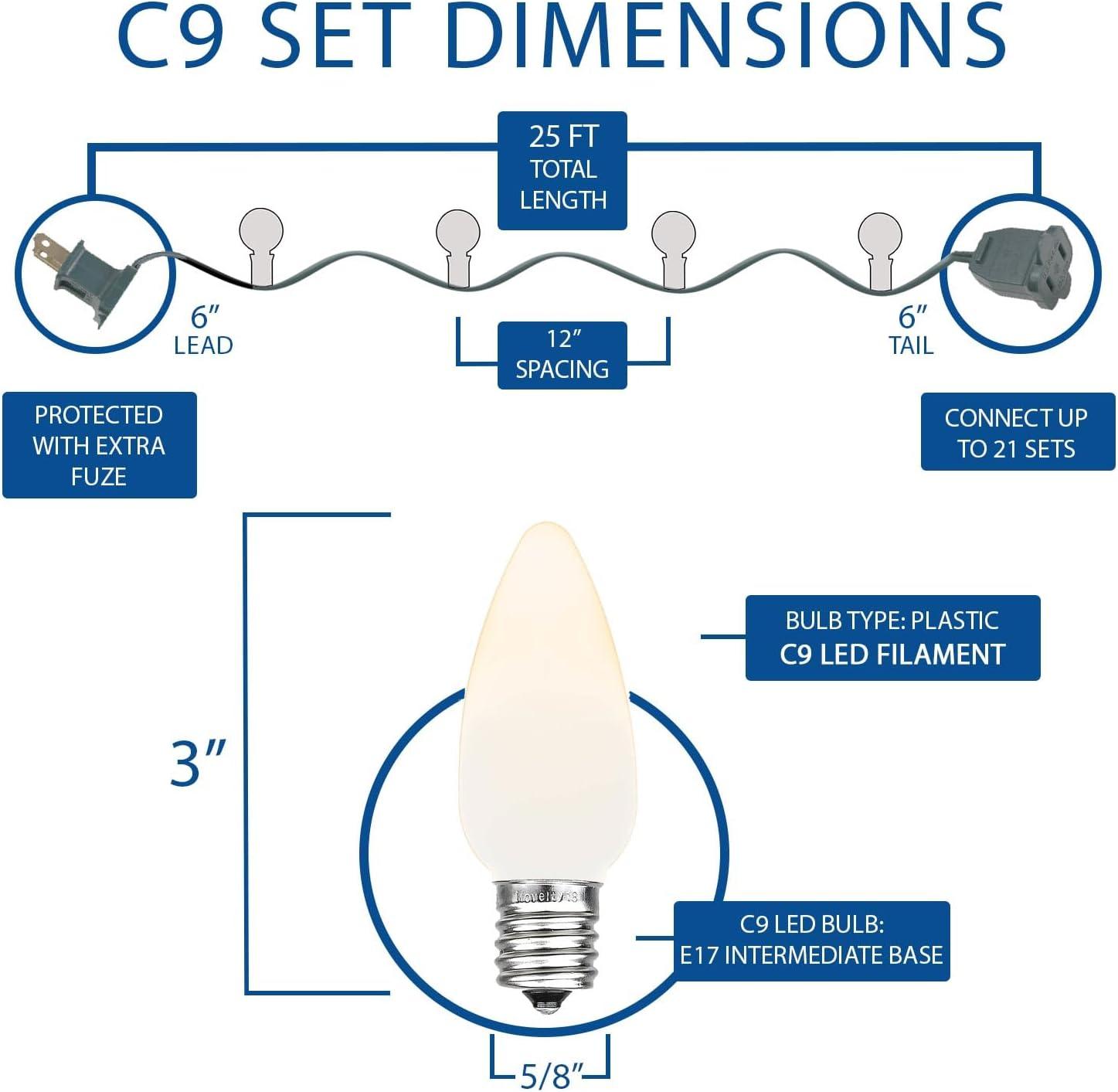 Novelty Lights C9 LED Christmas Multicolor Smooth Plastic Light Set, Green Wire (25 Bulbs, 25 Feet)