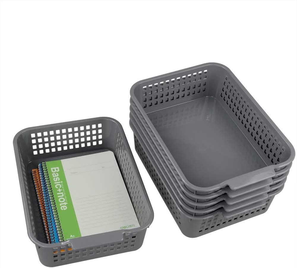 Gray Rectangular Plastic Shelf Baskets, Set of 6