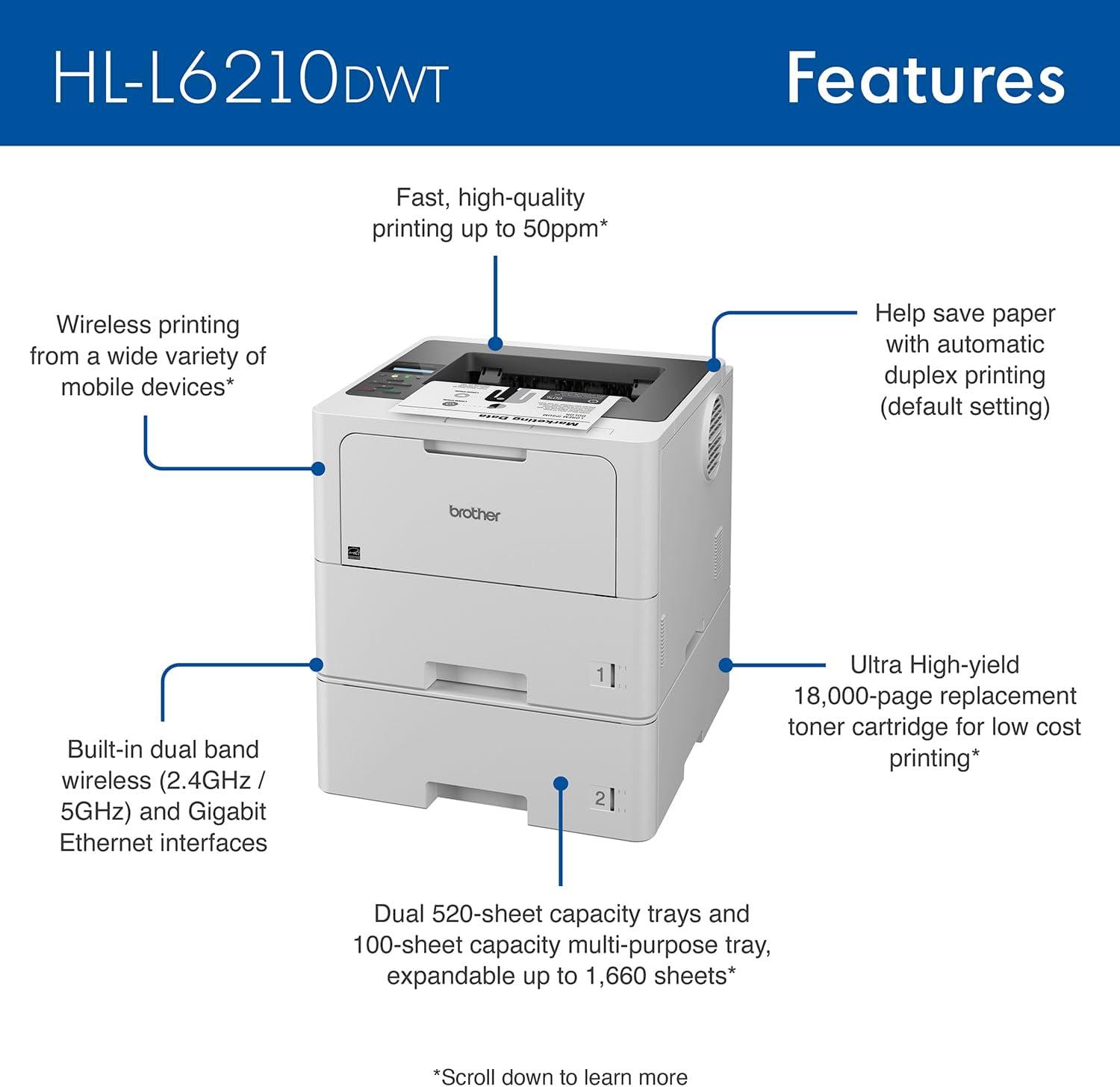 Brother HL-L6210DWT Business Monochrome Laser Printer with Dual Paper Trays, Wireless Networking, and Duplex Printing
