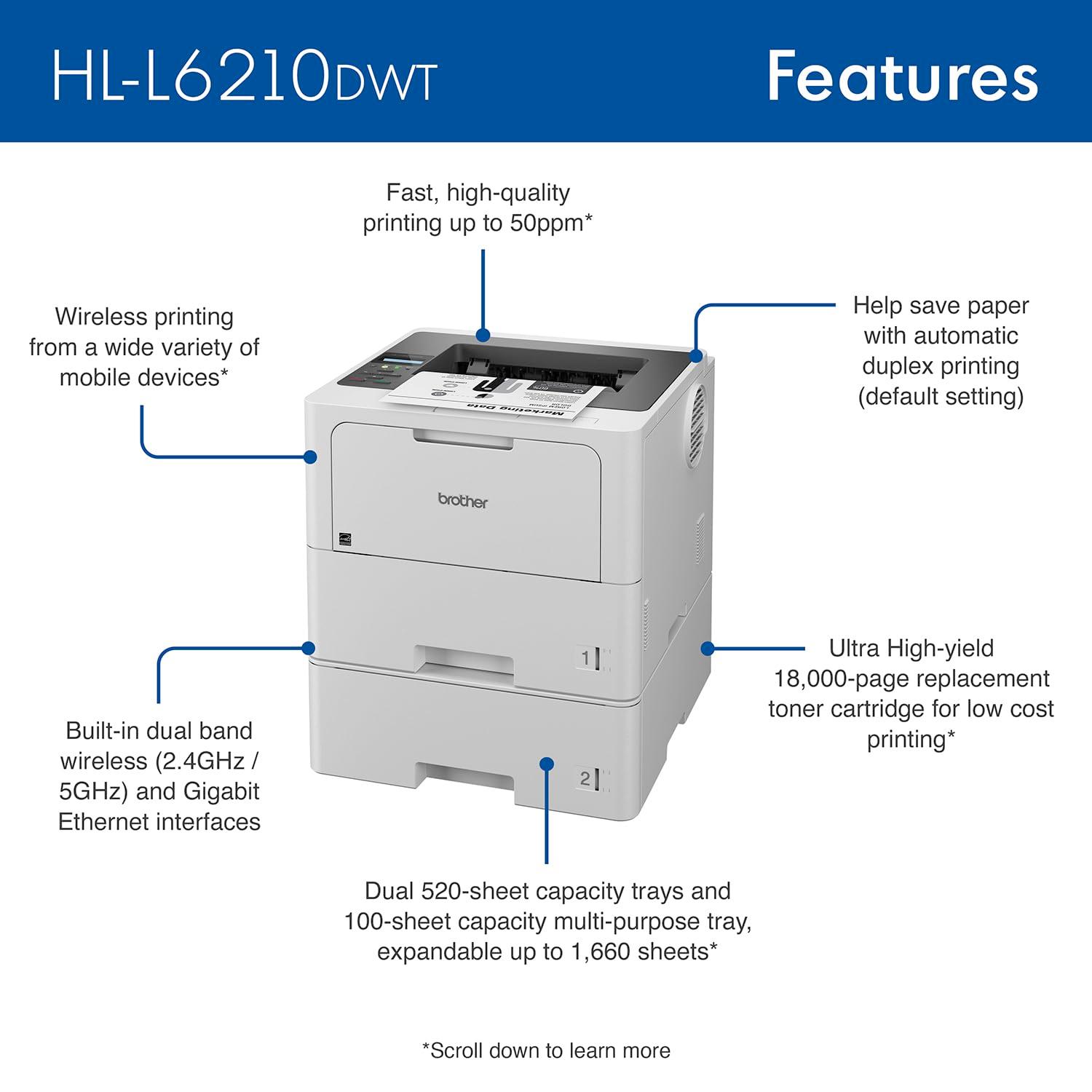 Brother HL-L6210DWT Business Monochrome Laser Printer with Dual Paper Trays, Wireless Networking, and Duplex Printing