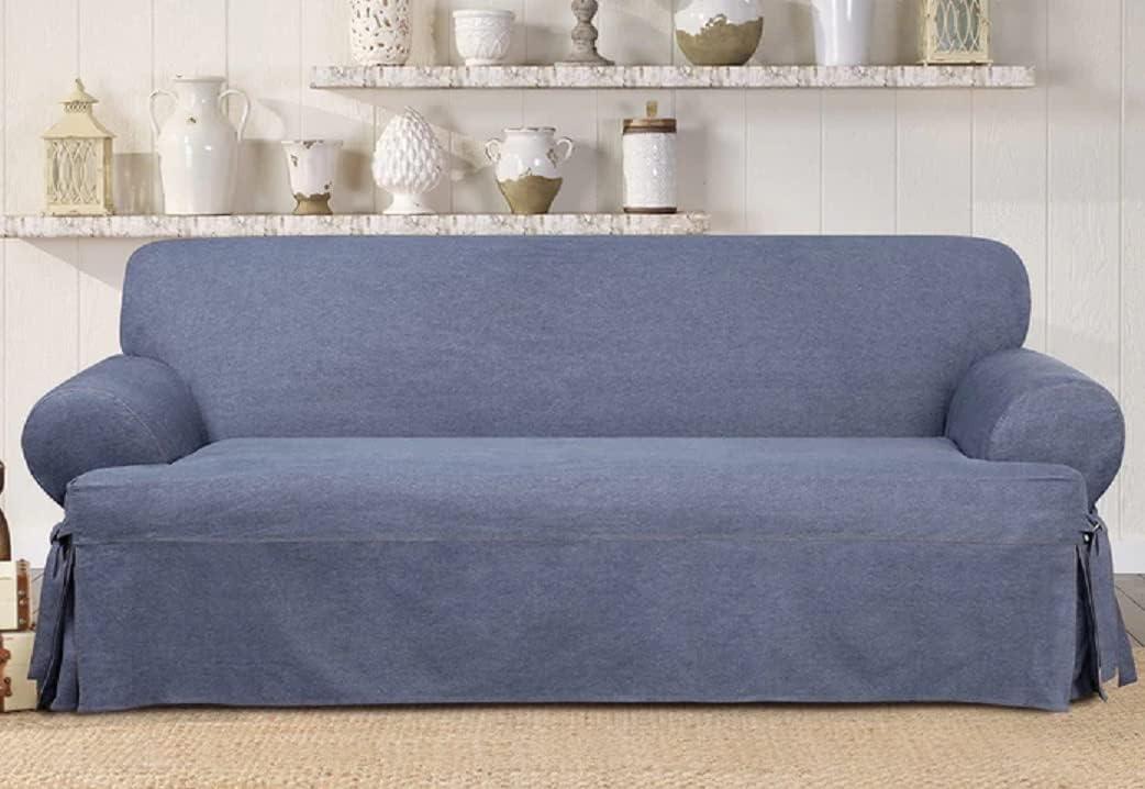 Authentic Denim T Cushion Loveseat Slipcover - Sure Fit: Machine Washable, Indoor Use, Front Tie Closure