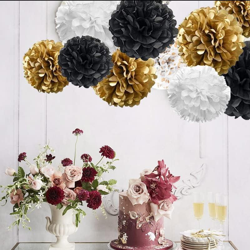 AIM & GGKK Paper Pom Poms Gold Gradient Navy Blue and White Tissue Hanging Paper Pom Poms,Flower Ball Wedding Birthday Party Decoration(12pcs)