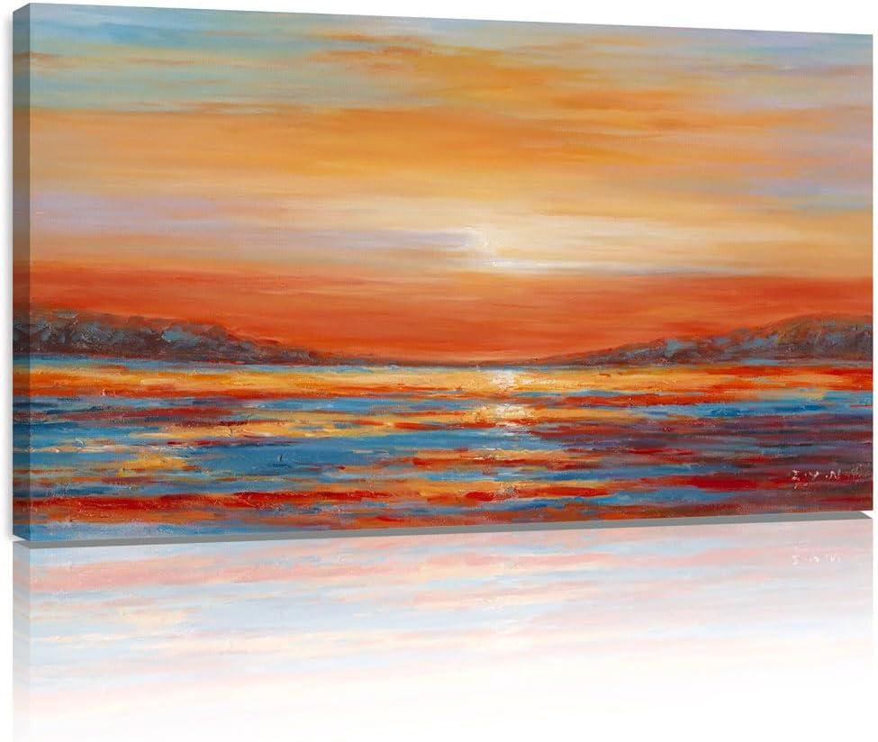 ONETECH Colorful Ocean Sunset Abstract Beach Wall Art for Living Room Orange Red Warm Sunrise Artwork Bathroom Wall Decor Large Beach Posters Picture over the Bed - 20x16 Inch