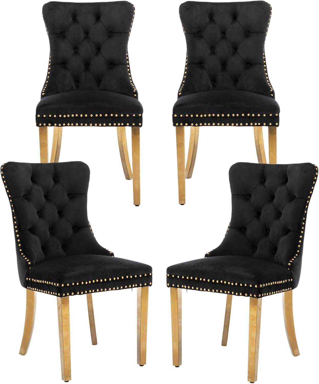 ODUSE-DAILY Black Velvet Dining Chairs Set of 4, Kitchen & Dining Room Chairs, Nailheads Tufted, Sillas De Comedor, Fabric Upholstered, Golden Metal Legs (Black, 4 Pcs)