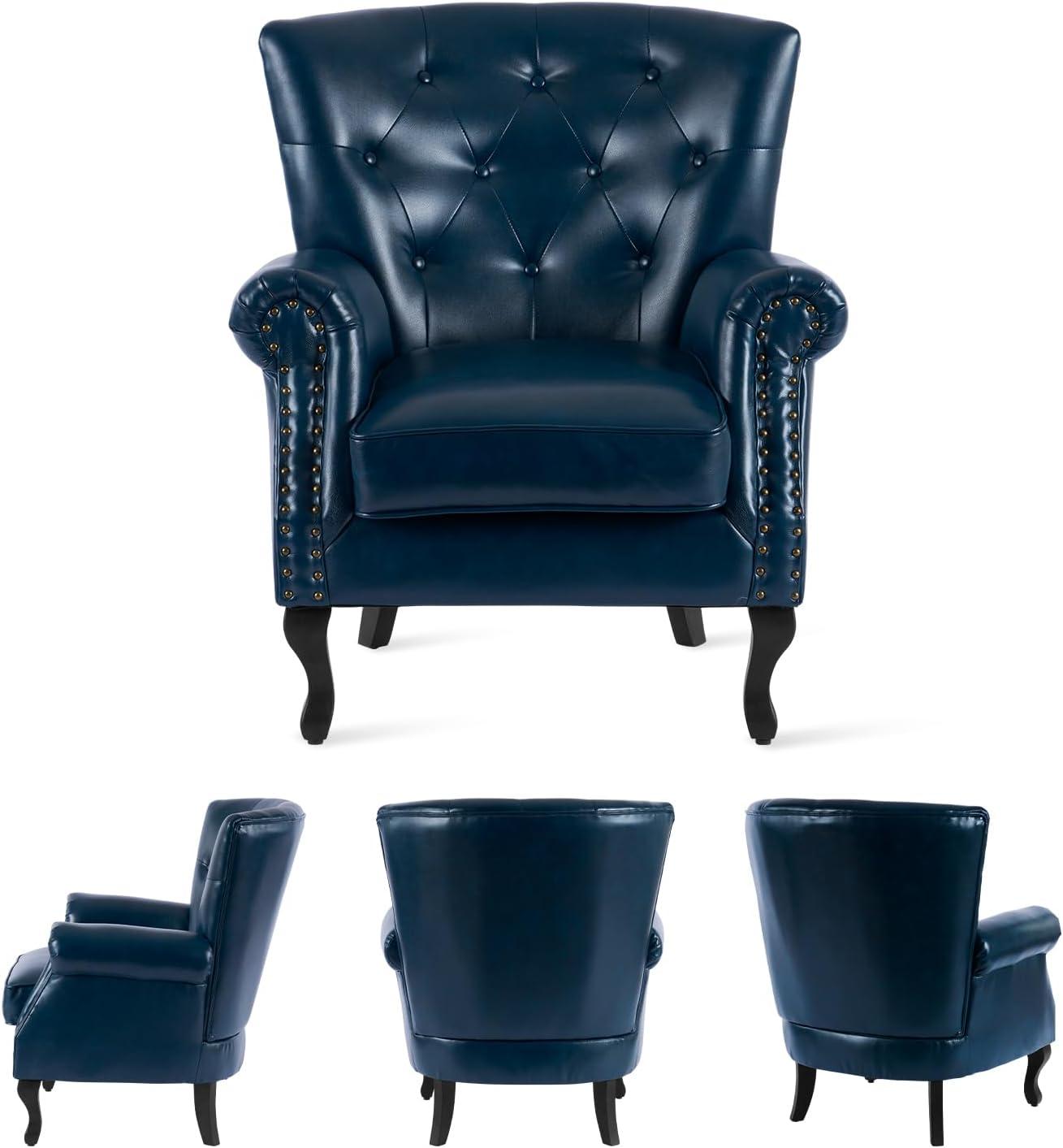 Navy Faux Leather Tufted Accent Chair with Wood Legs