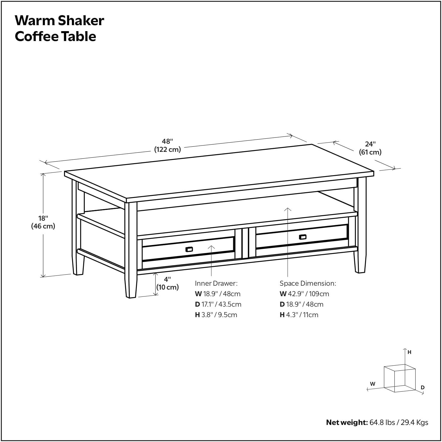 Simpli Home Warm Shaker 48"W Solid Wood Coffee Table with Two Storage Drawers and Open Shelf