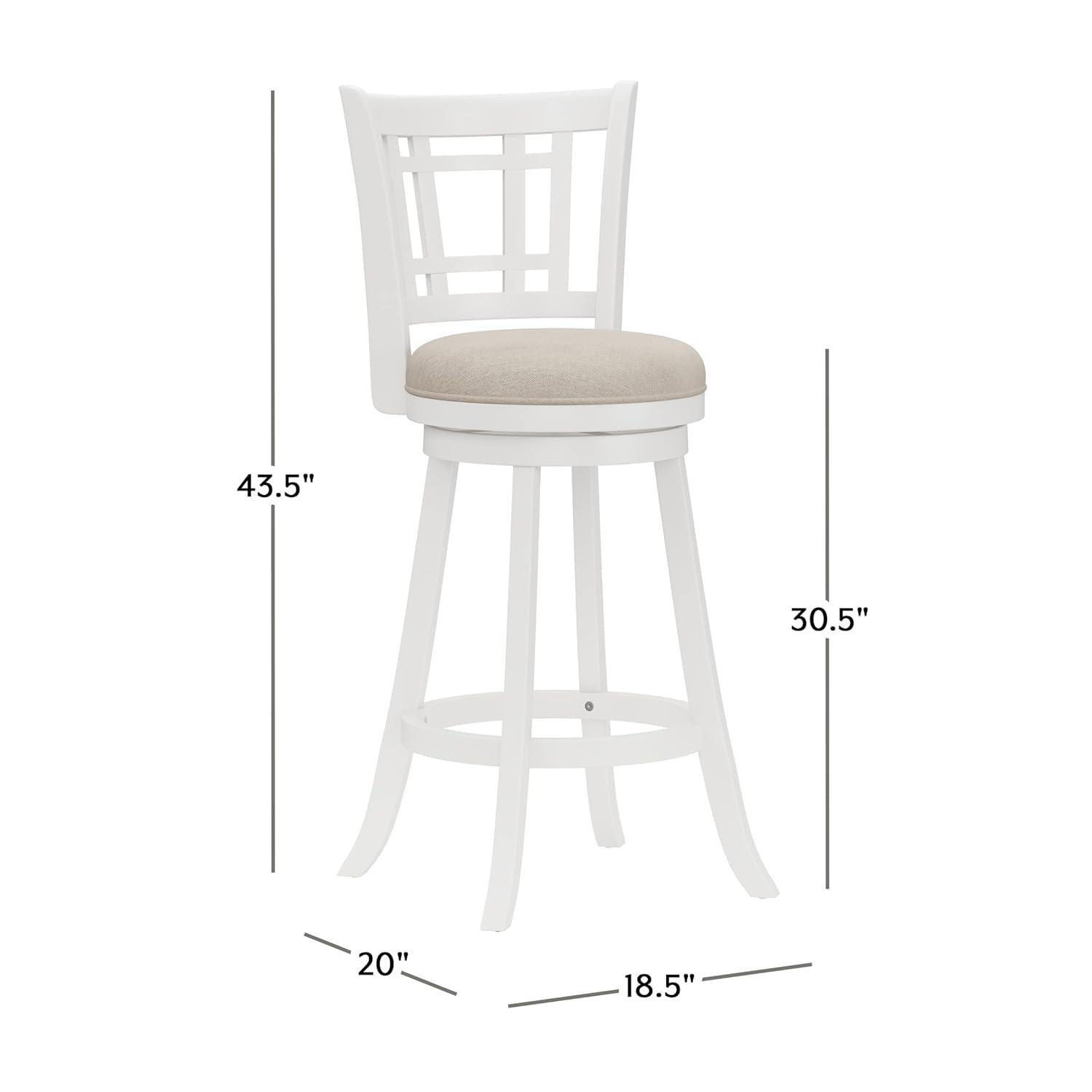 Elegant White Swivel Bar Stool with Beige Fabric Seat and Wood Accents