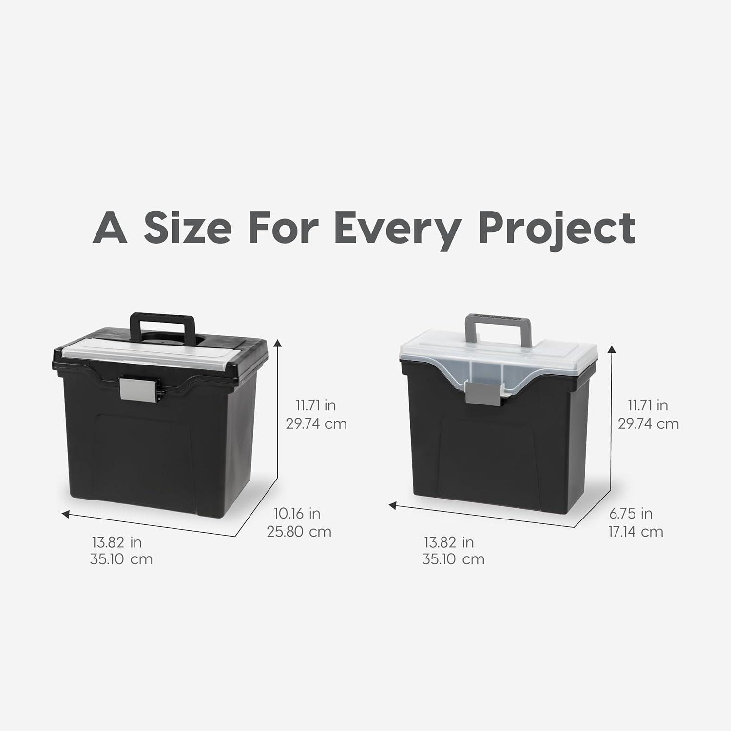IRIS USA File Box Portable File Organizer Plastic File Box for Letter File w/ Organizer-Lid, Black 4 Pack