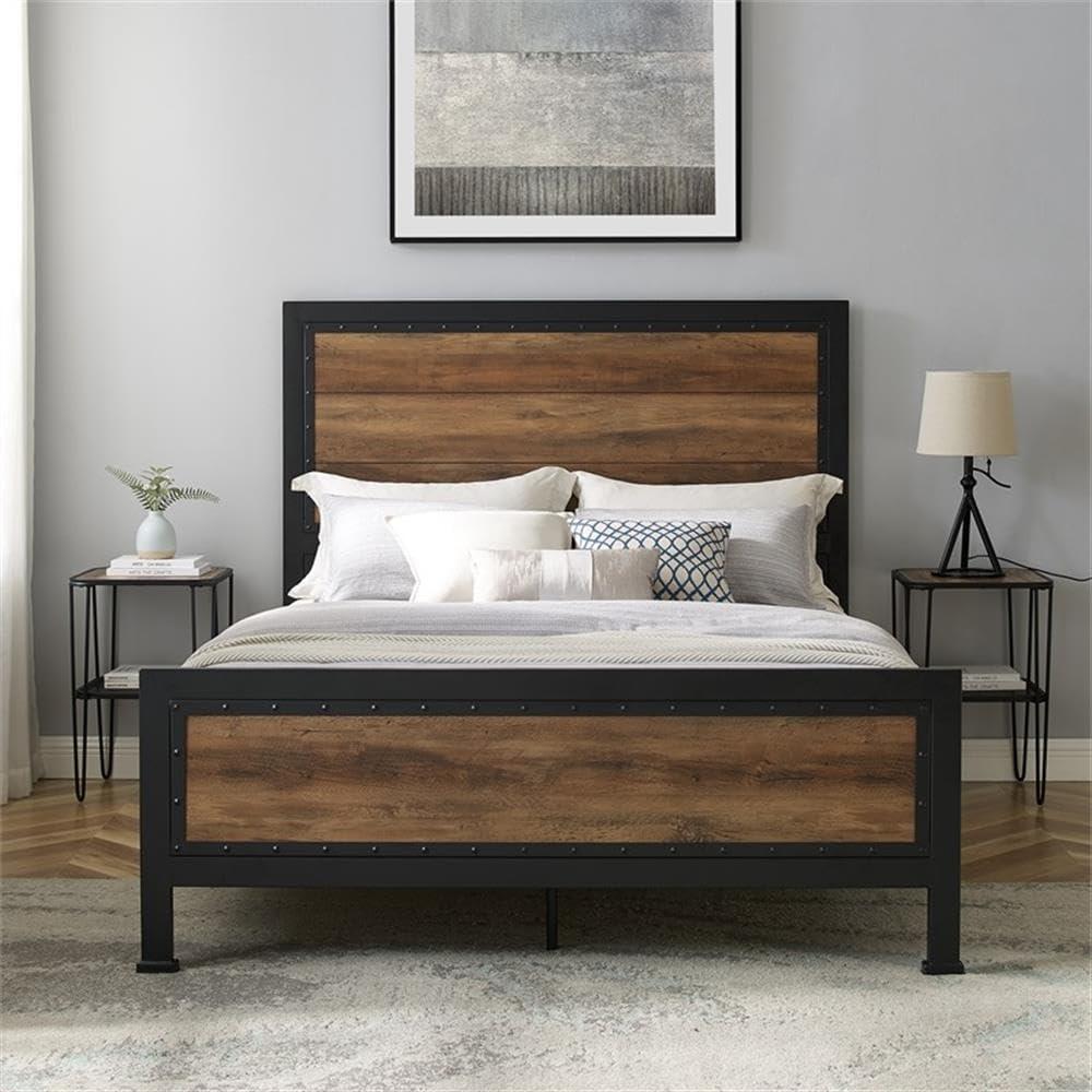 Rustic Oak Queen Bed with Metal Frame and Wood Headboard