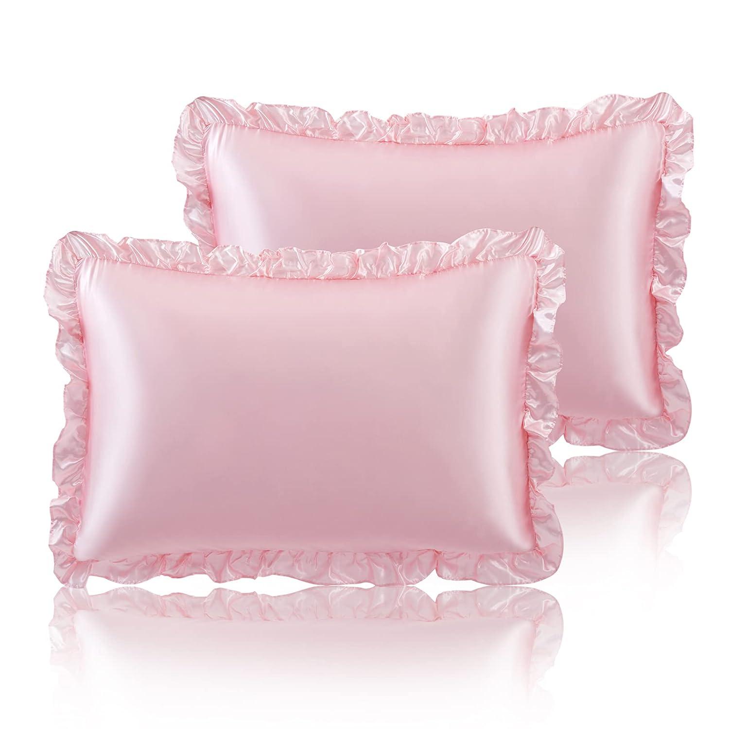 SiinvdaBZX Ruffled Queen Satin Pillowcase Set of 2, Blush Pink Silky Satin Pillow Cases for Women Ruffle Pillow Shams Covers Princess Room Decoration, with Envelope Closure