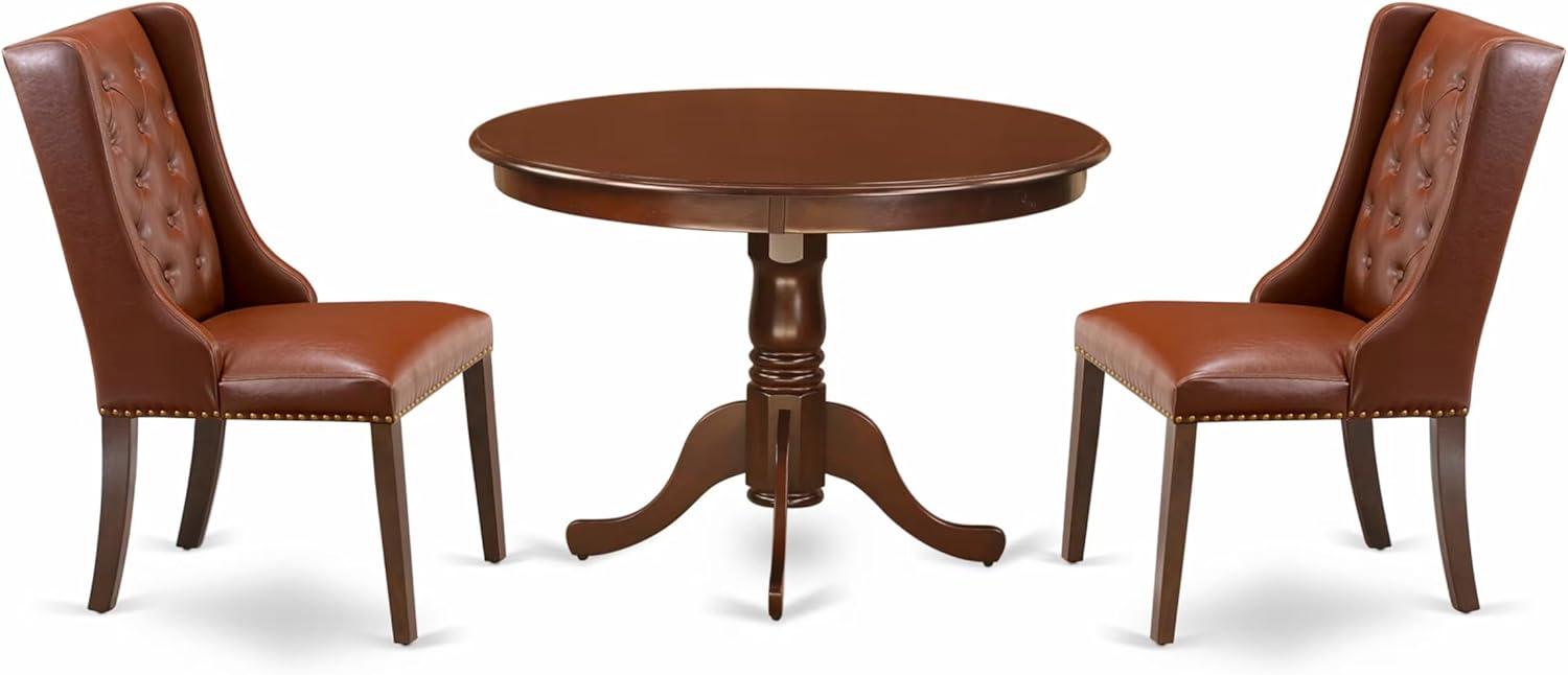 Mahogany 42" Round Dining Table Set with Brown Faux Leather Chairs