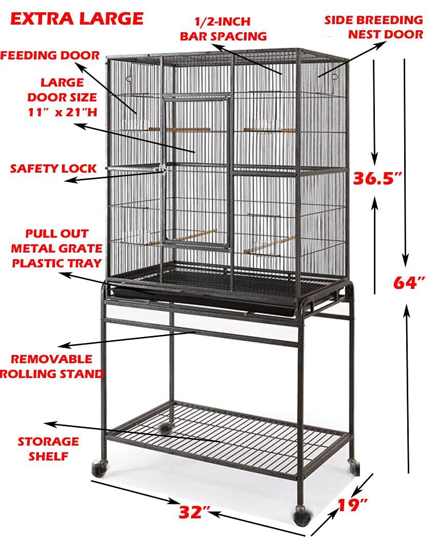 Pet Product 64" Extra Large Wrought Iron Breeding Bird Flight Cage Front Feeder Doors Side Breeding Nest Box Door Easy Clean Pull Out Tray with Removable Rolling Stand