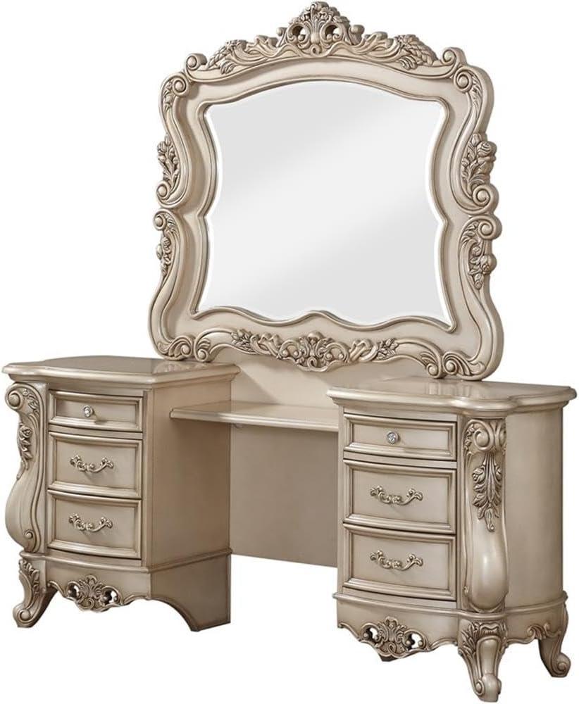 ACME Gorsedd 6-Drawer Wooden Vanity Desk and Mirror in Golden Ivory