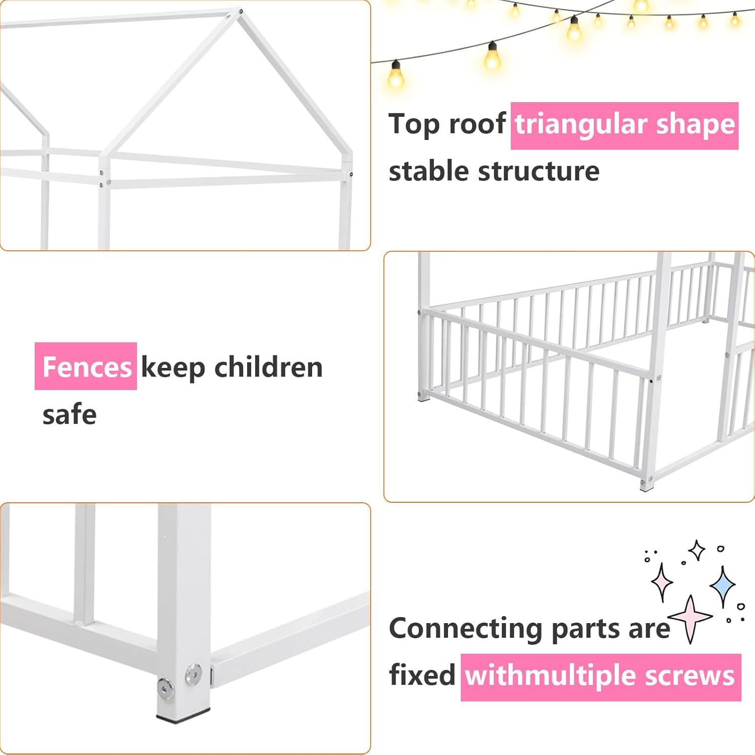 Ultimate Kids Comfort: HZANHY Twin Montessori Floor Bed, Rails, Playhouse Bed With Roof, Foot Pads