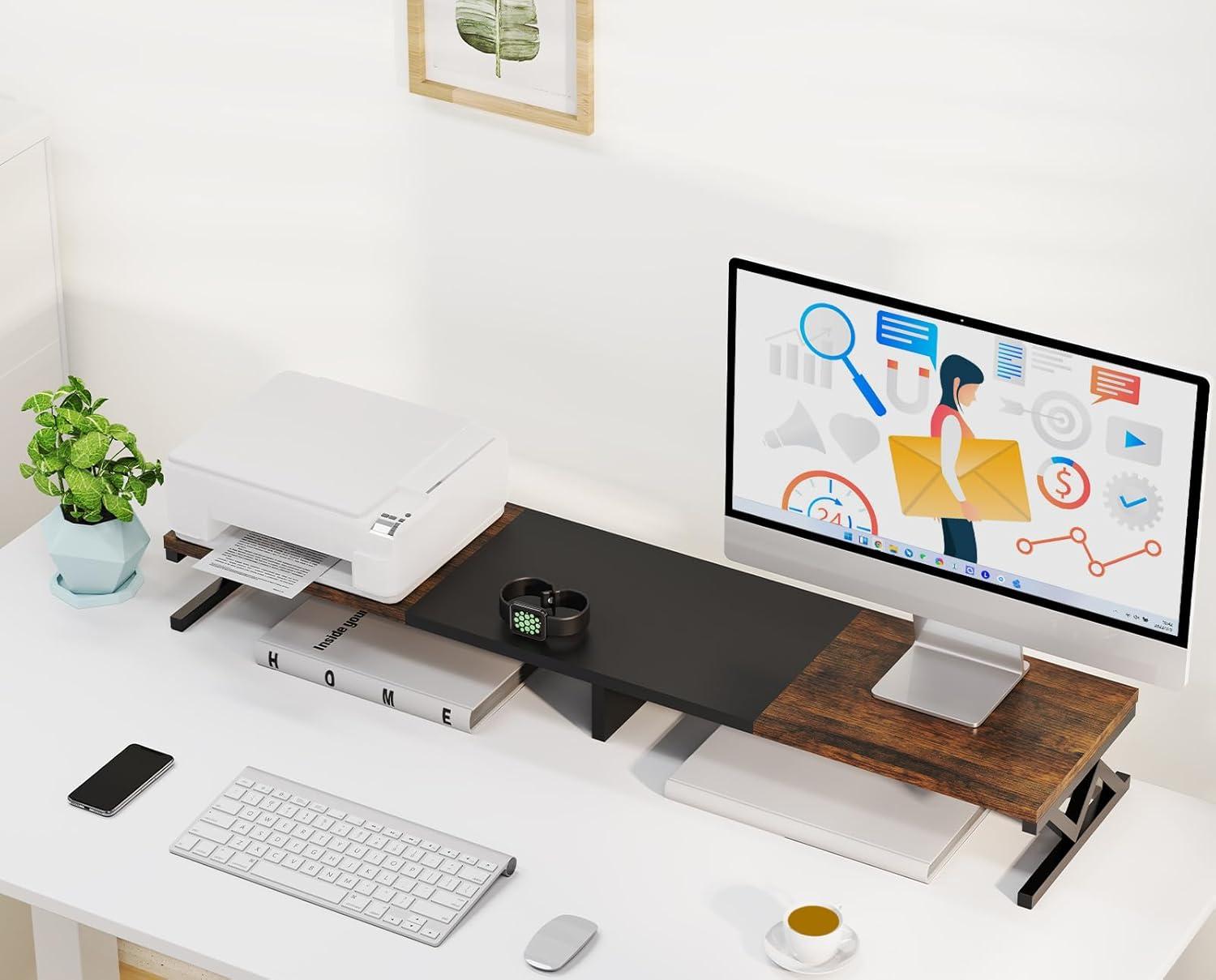 Large Rustic Brown and Black Wood Dual Monitor Stand with Storage