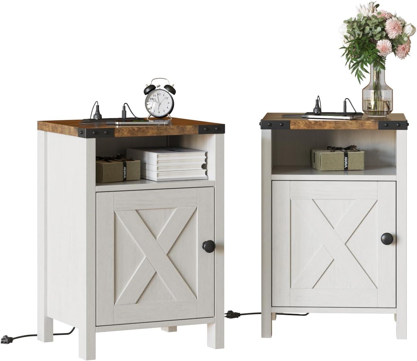 Wood Nightstands with Charging Station End Table Bedside Tables with Barn Door