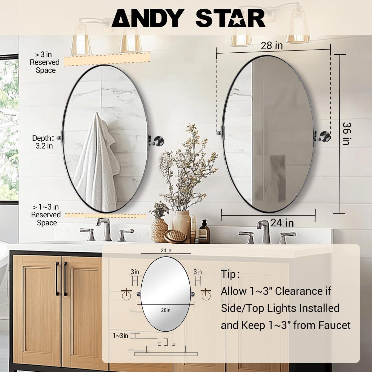 ANDY STAR Oval Bathroom Mirror, 24" x 36" Chrome Stainless Steel Metal Frame Vanity Mirror for Over Sink with Adjustable Tilting Design, Pivoting Mirror for Modern Wall Decor