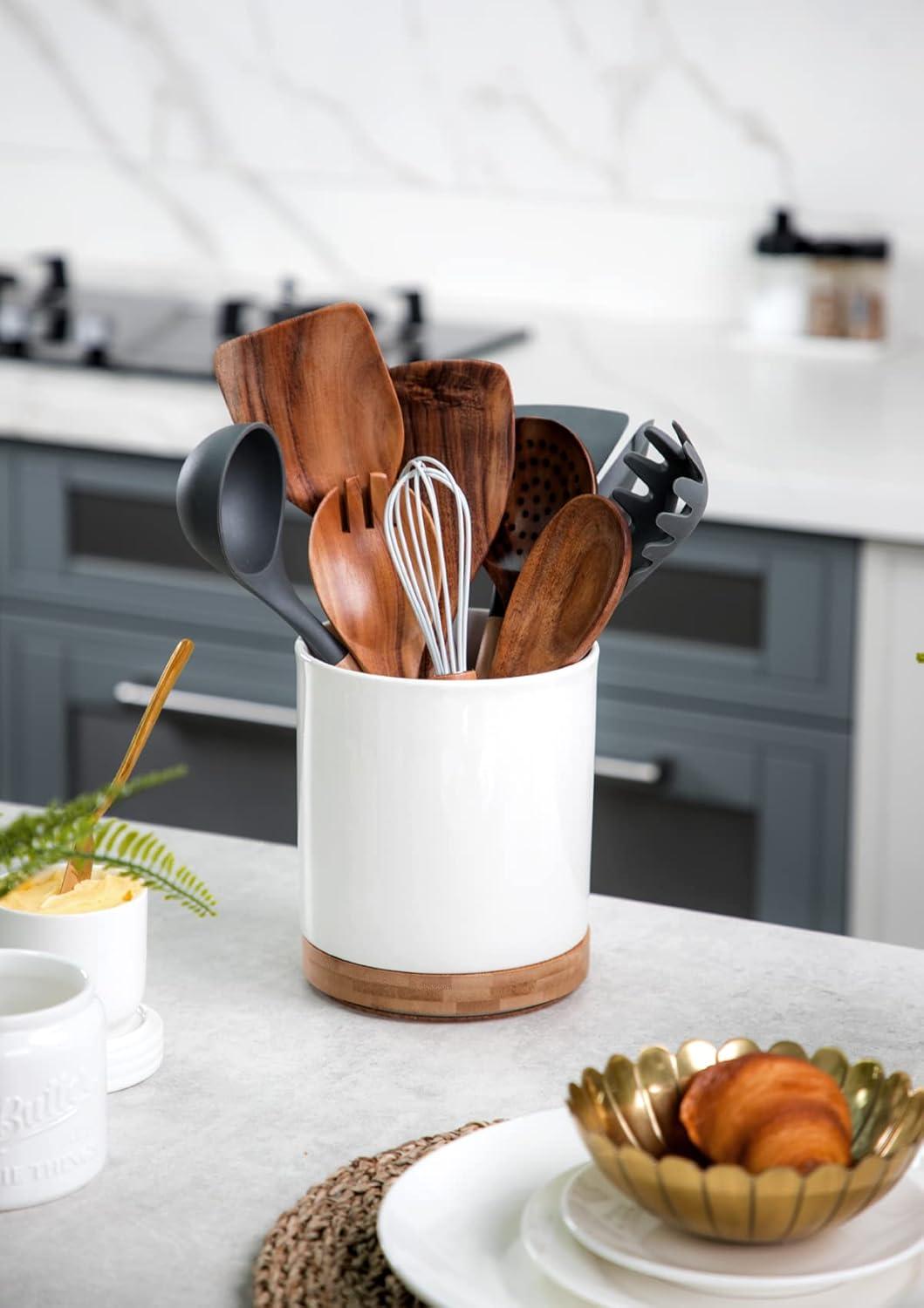 White Ceramic Rotating Utensil Holder with Cork Bottom