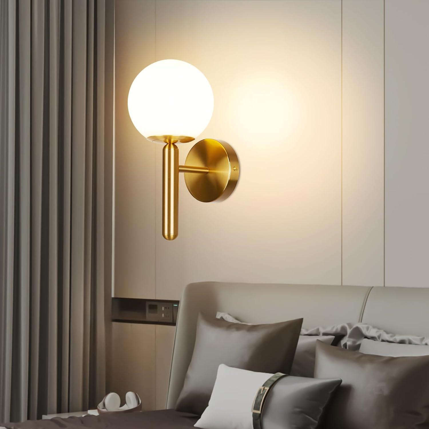 Gold Wall Sconce Set of 2 Globe Glass Wall Light Fixtures Bathroom Vanity Light Mid-Century Modern Wall Sconce Lamp with Frosted Glass Shade for Hallway Bedroom Living Room