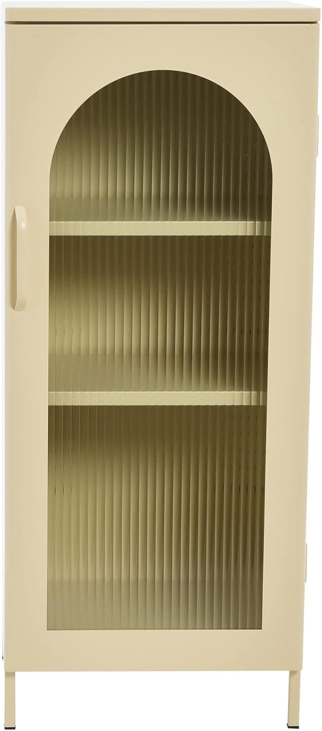 Storied Home Solstice Narrow Metal Accent Cabinet: Arched Glass, Off-White Display Storage