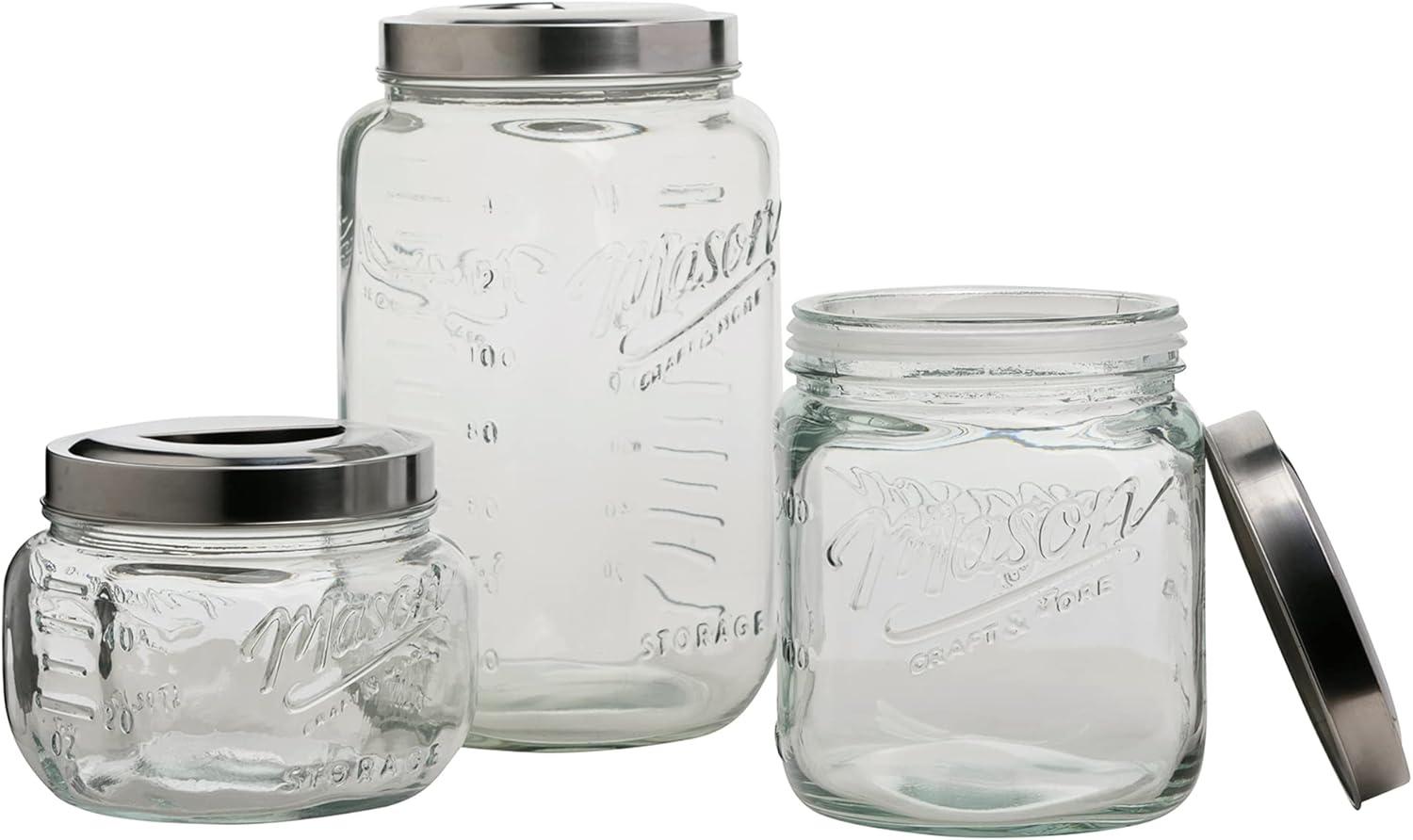 Mason Craft & More 3 Piece Square Glass Canister Set With Pop Up Lid