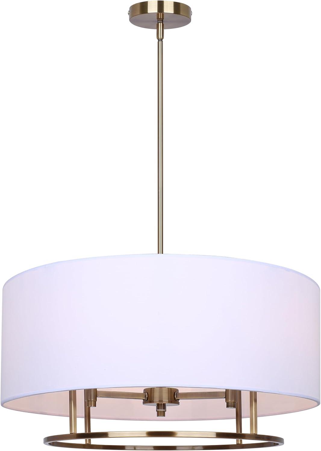 Aria Halo 3-Light Drum Chandelier, 24-Inch Wide Modern Gold Pendant with White Fabric Shade, Adjustable Height Ceiling Light