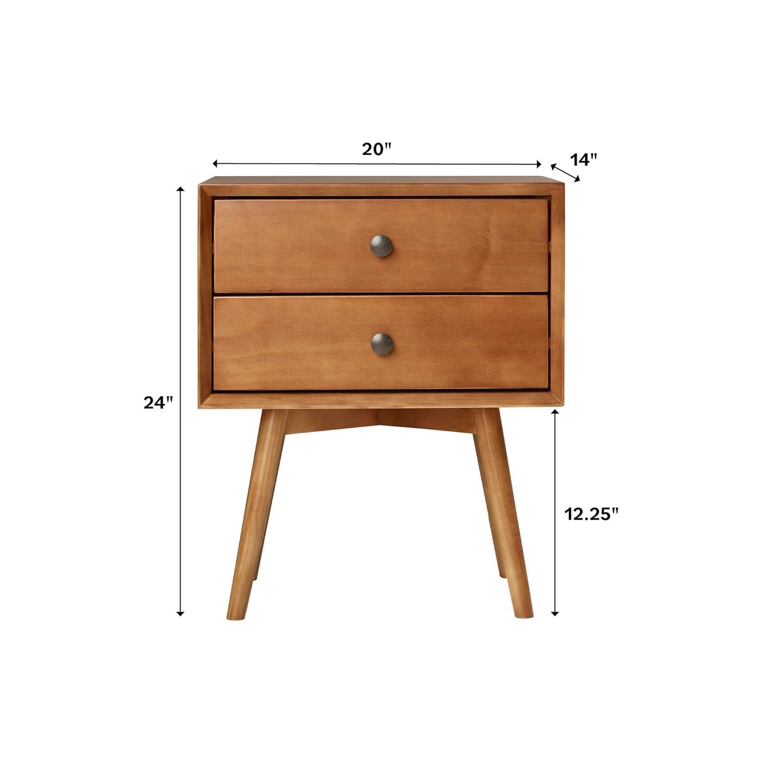 Greenberg 2 Drawer Mid-Century Modern Solid Wood Nightstand Caramel - Saracina Home: Pine, Beveled Edges, Antique-Finish Knobs