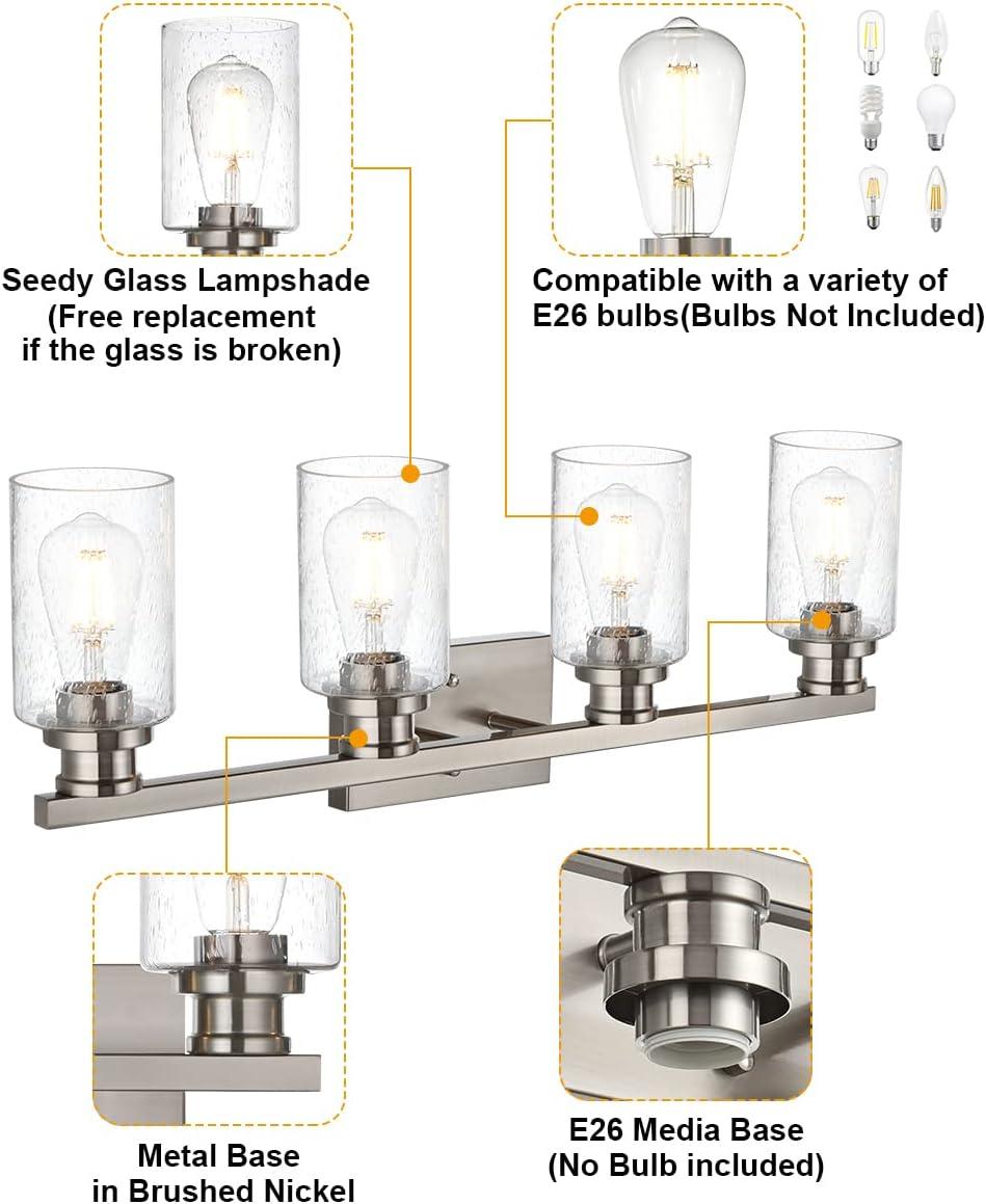 Melucee Brushed Nickel Industrial Bathroom Vanity Light Fixtures Over Mirror Seeded Glass 4 Lights Vintage Vanity Lights Farmhouse Bath Lighting
