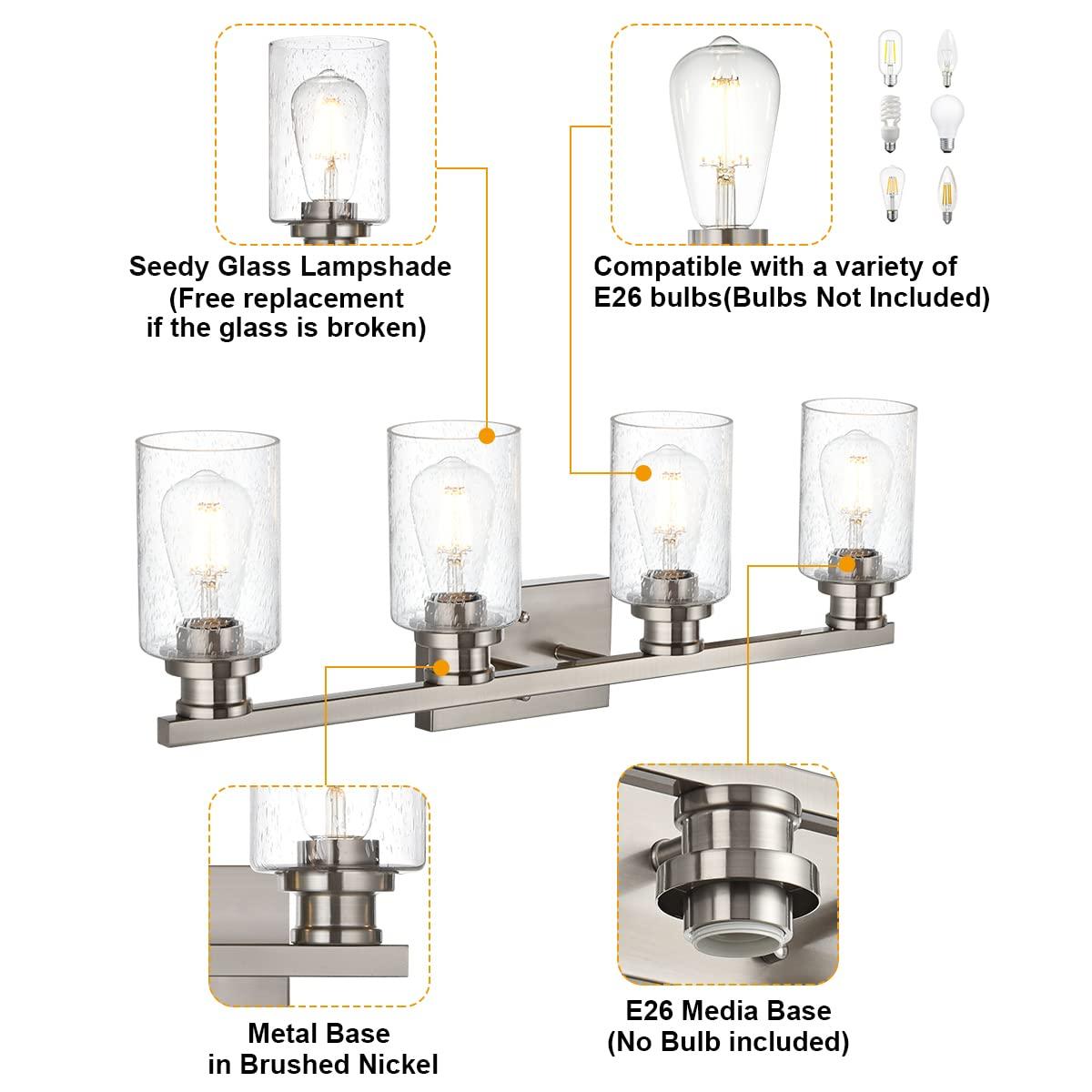 Melucee Brushed Nickel Industrial Bathroom Vanity Light Fixtures Over Mirror Seeded Glass 4 Lights Vintage Vanity Lights Farmhouse Bath Lighting