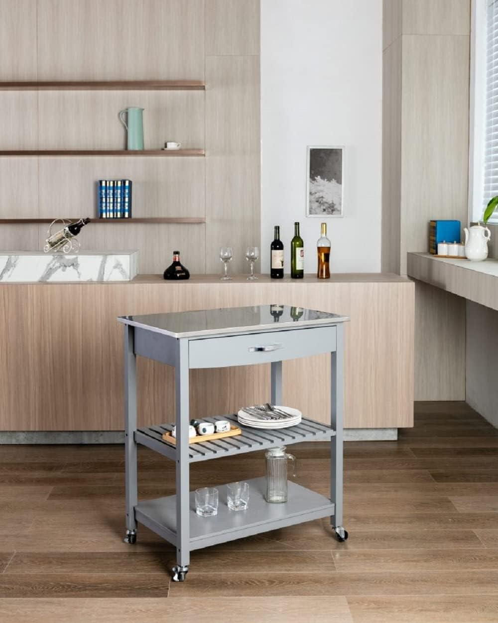 Gray Stainless Steel Top Kitchen Cart with Storage