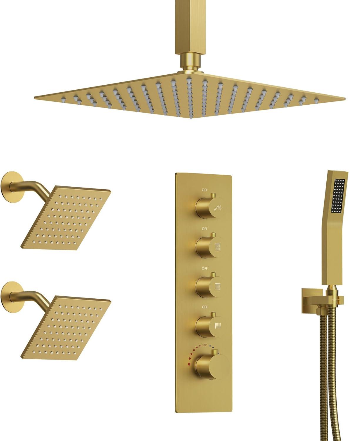 15-Spray Patterns 16" & 6" Triple Shower Heads, Shower FaucetSystem with Thermostatic Rough-in Valve